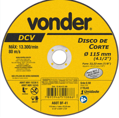 Disco de Corte 115mm Vonder